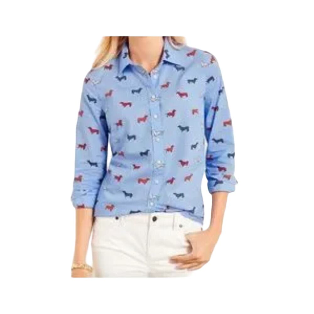 Talbots Womens Dachshund Print Long Sleeve Button Front Shirt Size Small